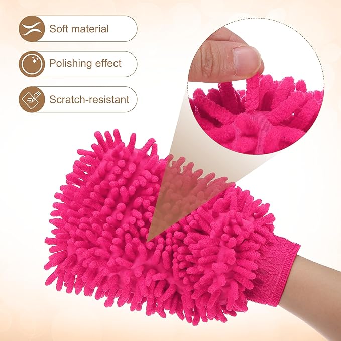 HARFINGTON 2pcs Premium Chenille Microfiber Car Wash Mitts 9.8" x 7.9" Scratch Free Wash Gloves Absorbent Double Sided Plush Cleaning Drying Mitts for Car Washing Home Rose Red