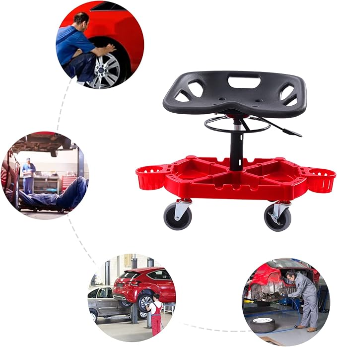 Rolling Garage Stool, 300 LBS Capacity, Adjustable Height, Parts Tray with Bottle Holders, Car Detailing Stool Chair Shop Stool for Car Cleaning Buffer Polisher Ceramic Coating