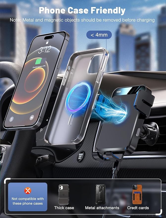 Wireless Car Charger, MOKPR Auto-Clamping Car Mount 15W/10W/7.5W Fast Charging Air Vent Car Phone Mount Compatible with iPhone 16 15/14/13/13 Pro/12 Pro Max/12 pro/12/11/10/8 Series, Samsung Galaxy