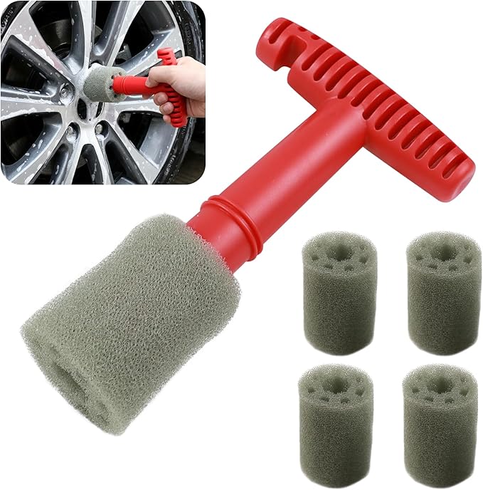 Car Wheel Detailing Brush, Lug Nut Wheel Cleaning Brush with Reusable Removable Insert, Embedded Tire Screw Cleaning Tools with Handle, Exterior Car Accessories (5 Sponges)