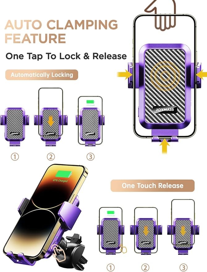JOYMASS Wireless Car Charger, Phone Holders for Your Car, 15W Auto Clamping Phone Mount Car Accessories for iPhone 16 15 14 13 12 Mini Pro Max, Samsung Galaxy S24 Ultra S23 S22+ Note 20, etc - Purple