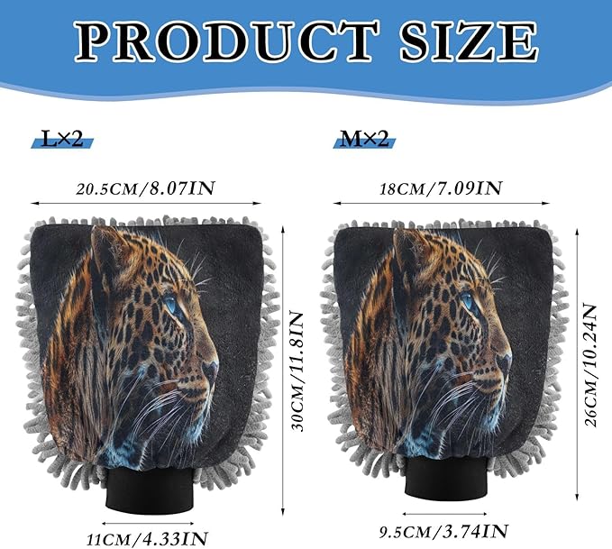 YETTASBIN Leopard 2PCS Car Wash Mitts, Ultra Absorbent Chenille Microfiber Car Washing Gloves, Scratch-Free Lint-Free Auto Cleaning Mitt, Machine Washable Elastic Cuff Car Wash Sponge