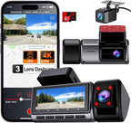 Dash Cam Front and Rear, 4K/2.5k Full HD 3 Channel Dash Camera for Car, Included 32G Card Dashcam, Built-in WiFi GPS, App Control, 3.18’ IPS Screen, Night Vision, Wide Angle, WDR, 24H Parking Mode