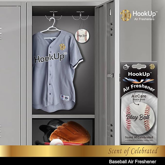 Baseball Car Air Freshener by HookUp - 50 Pack - Black Gold Scent (Extra Strong) | Unique Baseball Gift for Players, Coach, Fans | Hanging Car Accessory with Long Lasting Fresheners Smell