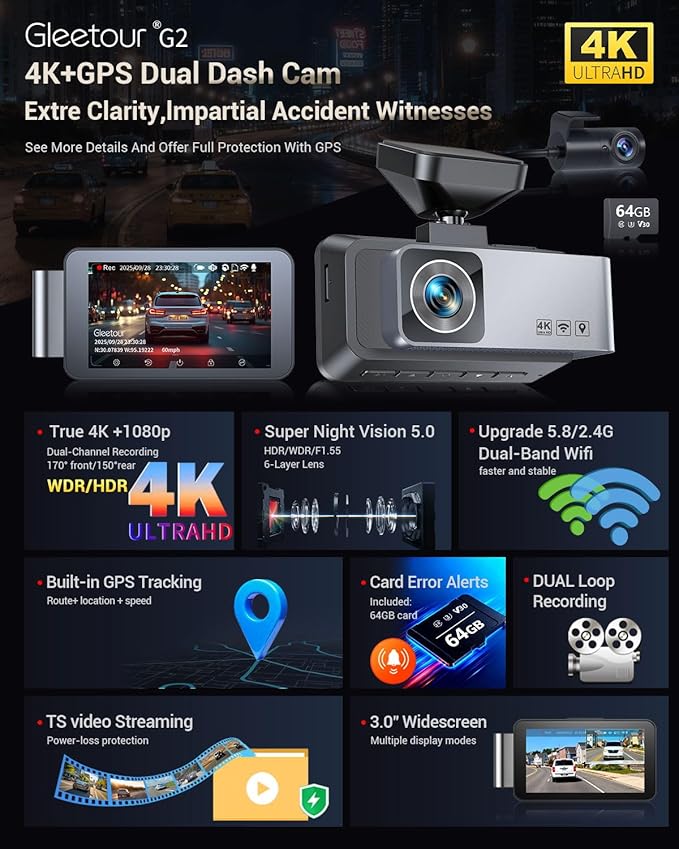 Dash Cam Front and Rear, 4K HDR Dash Camera for Cars, 3" IPS Screen Dash Cam Built-in GPS with 5.8G WiFi UHD Night Vision Free 64G Card, Parking Monitor, G-Sensor