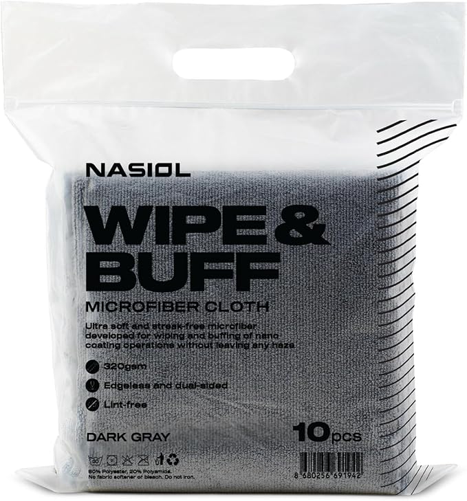 Nasiol Wipe&Buff Microfiber Cleaning and Ceramic Coat Application Cloth – Professional, Highly Absorbent, Lint & Streak-Free, Edgeless Double-Sided Towel – Pack of 10, Dark Gray (13.78 x 15.75 in)