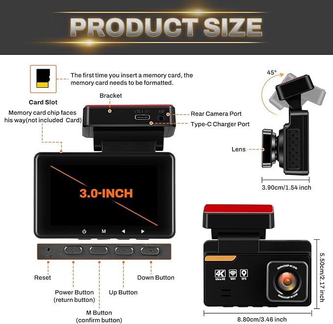 SIXTOP 4K Dash Cam Front and Rear, WiFi 4K+1080P Dual Dash Camera for Cars, 64G Card, GPS, 3” IPS Screen BSD/ADAS/LCA Night Vision G-Sensor Loop Recording 24H Parking Monitor App Control Wide Angle