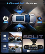 Car Camera Dash Cam Front and Rear Left Right, 4-Channel Video Recording WiFi Dashcam with Phone APP 360 Degree Car Security, HD 2K Car Dashboard Night Vision 24 Hours Parking Monitor G-Sensor