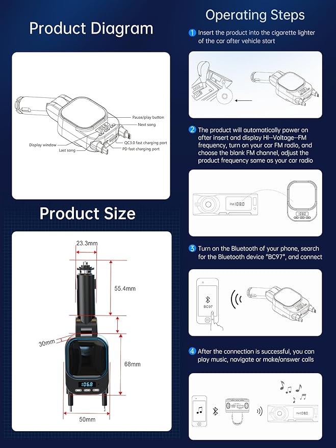 Retractable Car Charger, 96W FM Transmitter, 4-in-1 Fast Charging USB C Bluetooth 5.3 Car Adapter, Wireless Radio Receiver