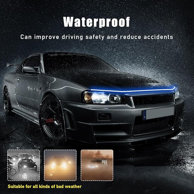 Ohleats 79 Inch Car Hood Light Strip, Exterior Flexible Daytime LED Running Light, Waterproof Auto LED Strip Light with Dynamic Scan Start-up Effect, Car Accessories for SUV Truck (Blue)