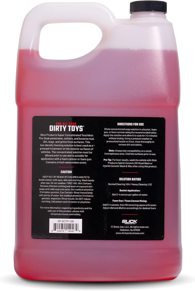 Slick Products Super Concentrated Touchless Pre-Soak, Foaming Prewash Car Soap for Foam Cannon or Foam Gun, Loosens Mud, Dirt, Bugs & Grime, Spray On & Rinse Off, 128 oz.