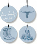 Boho Blue Western Round Car Air Freshener 4 Pcs, Preppy Cow Skull Cactus Cowgirls Boots Hanging Air Freshener for Cars Closet Drawer Books, Western Car Accessories Mirror Decor for Women
