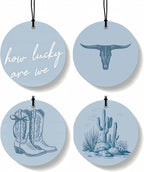 Boho Blue Western Round Car Air Freshener 4 Pcs, Preppy Cow Skull Cactus Cowgirls Boots Hanging Air Freshener for Cars Closet Drawer Books, Western Car Accessories Mirror Decor for Women