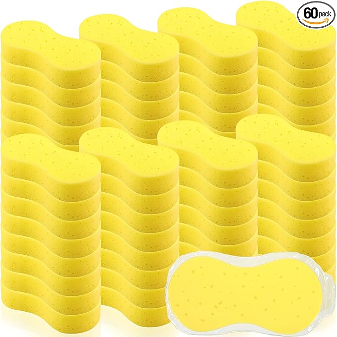 Vesici 60 Pack Car Wash Sponges Large Sponges Bulk Big All-Purpose Scrubber Thick Foam Car Cleaning Supplies for Washing Boat Kitchen Household with Single Vacuum Compressed Packing (Bright Yellow)