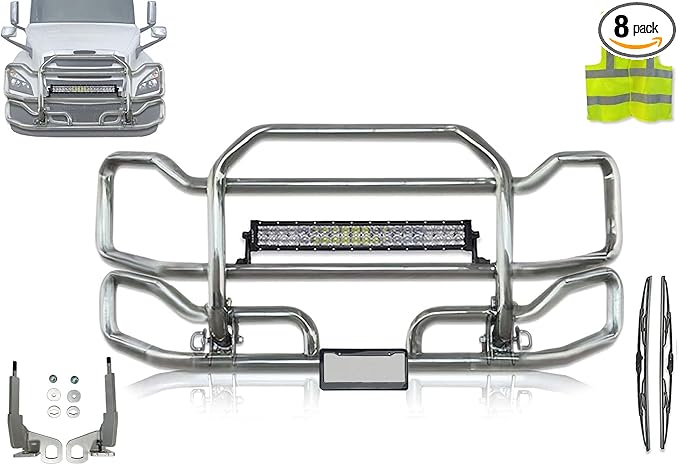 Compatible with Cascadia 2018+ (without Fogs) Front Grille Deer Moose Brush Bumper Guard Large w/ 22" LED Light Bar Plus Bracket, Logo, 2X 22'' Wipers, License Plate Holder & Frame, Vest