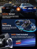 4K 3 Channel Dash Cam Front and Rear Inside, Built-in 5.8GHz WiFi GPS, 64GB Card Included, 4K+1080P+1080P Dash Camera for Cars, 3.18'' IPS Screen Dashcam with G-Sensor, 24H Parking Monitor