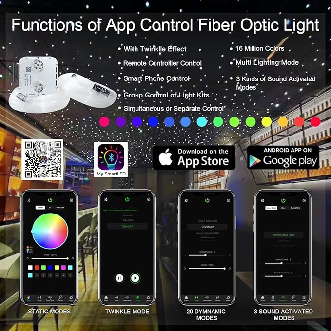 AKEPO 32W Dual Head RGBW Twinkle+ Sound Activated+APP Fiber Optic Lights Kit Star Ceiling Sky Light 16.4ft/5m Total 1550pcs of Mixed Strands 0.75+1+1.5mm for Home Indoor Decor/Car Headliner Starlight