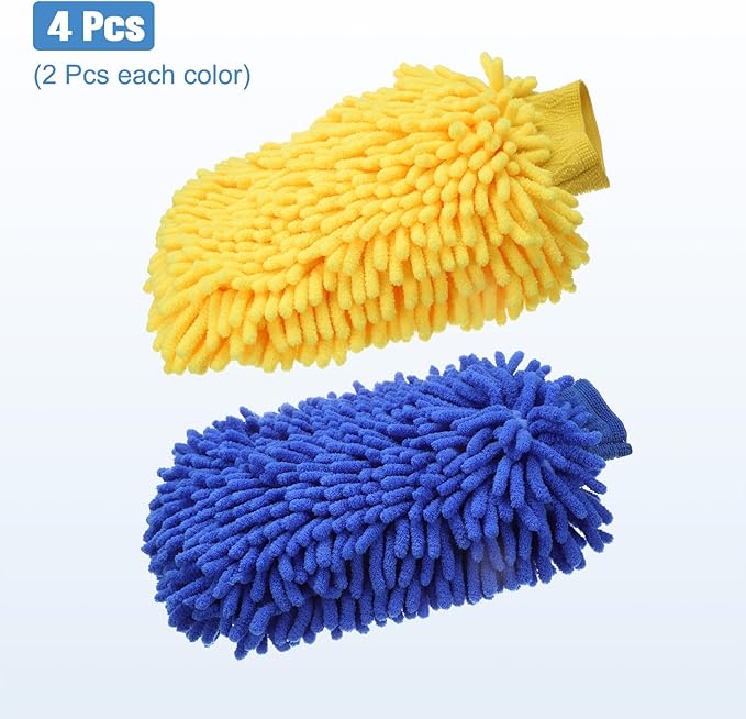 HARFINGTON 4pcs Chenille Microfiber Car Wash Mitts 9" x 5.5" Scratch Free Wash Gloves Absorbent Double Sided Plush Cleaning Drying Mitts for Car Washing Home Clean Blue Yellow