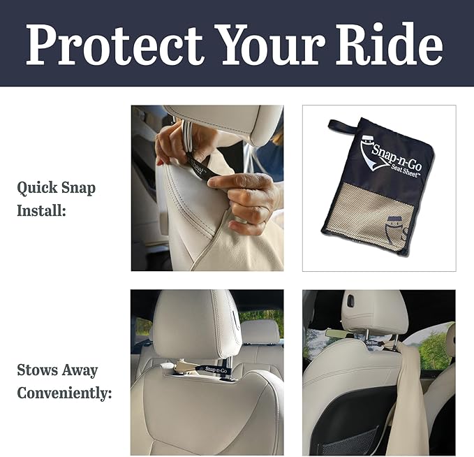Car Seat Towel Cover After Gym Workout Yoga Pets | Snap-n-Go Seat Sheet™ Universal Fit with Headrest Post Straps, Quick-Dry Washable Sweat Protector for Cars, Trucks, SUVs Interior Protection (Beige)