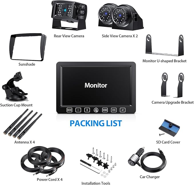 ZEROXCLUB Wireless Backup Camera with 7 Inch DVR Quad Split Monitor for RV Trailer Truck, Digital Signal HD 1080P Wireless Rear Side View 3 Cameras Back Up System w/Recording 18 IR Night Vision (B3C)