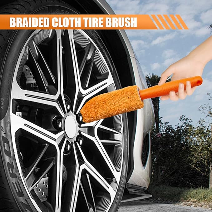 Craedli 9PCS Car Wash Detailing Tool Kit, Car Wash Mitt, Microfiber Cloths, Cleaning Sponge, Wheel Brush, Wax Applicator Pad, Universal Auto Interior & Exterior Cleaning Supplies (Orange)