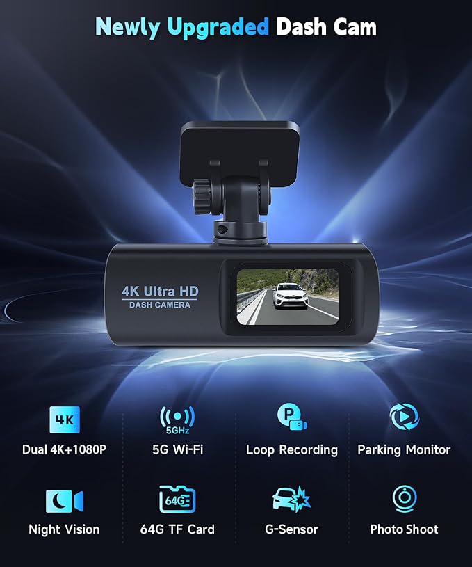 4K Dash Cam Front and Rear,WiFi Dash Camera for Cars with App Control Dual Dash Camera with Loop Recording,Night Vision,G- Sensor, 1.47" DashCam with 24H Parking Monitor+64GB TF Card