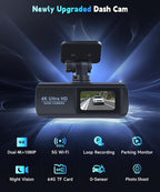 4K Dash Cam Front and Rear,WiFi Dash Camera for Cars with App Control Dual Dash Camera with Loop Recording,Night Vision,G- Sensor, 1.47" DashCam with 24H Parking Monitor+64GB TF Card