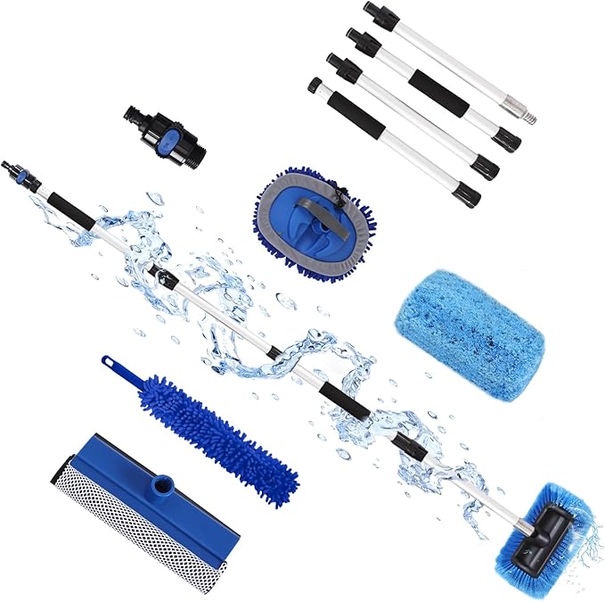 XCBYT Upgraded Car Wash Brush with Long Handle, 69'' Flow-Through RV Wash Brush Kit with Soft Bristle Brush, Chenille Mop, Squeegee & Duster, Adjustable Aluminum Pole Car Cleaning Kit for SUV RV Truck
