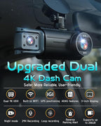 3 Channel Dash Cam Front and Rear, 4K+4K+1080P Car Camera, Free 128GB Card, Built-in GPS, ADAS, 5.8GHz WiFi & APP, Super Night Vision, G-Sensor, Loop Recording, 24H Parking Mode Dash Cam（Black）