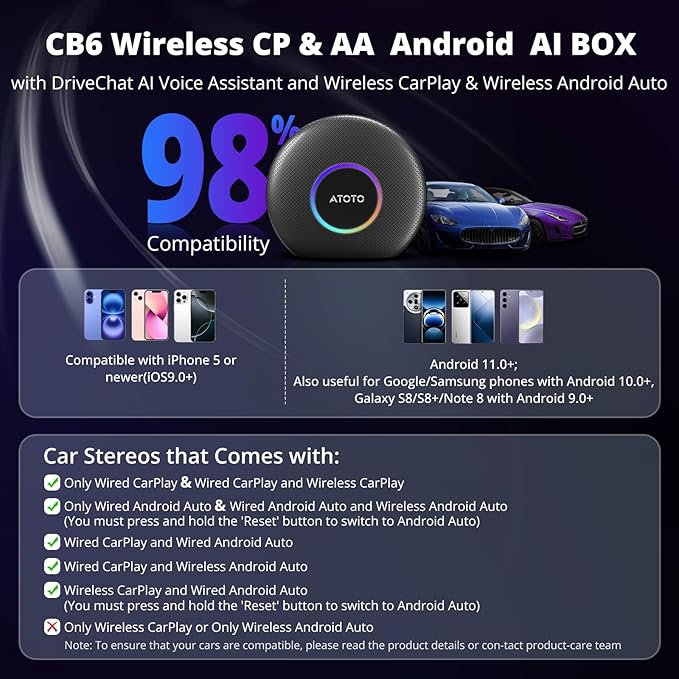 ATOTOZONE CB6 CarPlay AI Box & Android AI Box, Wireless CarPlay/Android Auto Adapter, Plug & Play CarWave Car Smart Box with AI DriveChat, GPS Track, Android 13, 2 BT, 4G LTE, 4G+64G, Black