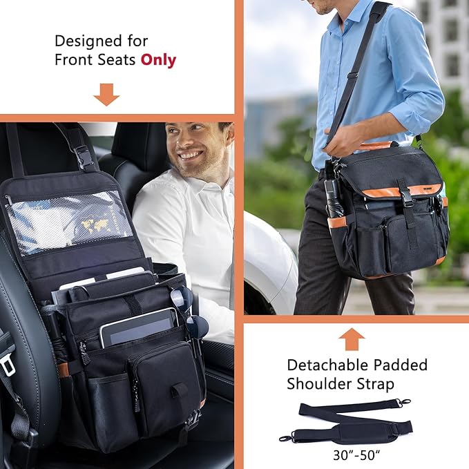 Car Seat Organizer with Lid and Laptop Compartment (Fits 15.6"), Front Seat Passenger Organizer with Adjustable Strap, Multiple Pockets, Portable Office Bag, Water-Resistant 1200D Polyester