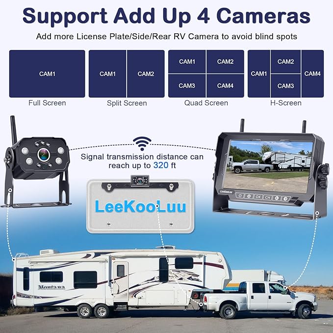 HD 1080P 7 inch RV Wireless Backup Camera: Dual Camera 30-Min Easy Install Clear Night Vision 4 Channels Recording Touch Key Monitor Rear View Camera for Furrion Pre-Wired RVs Travel Trailers Camper