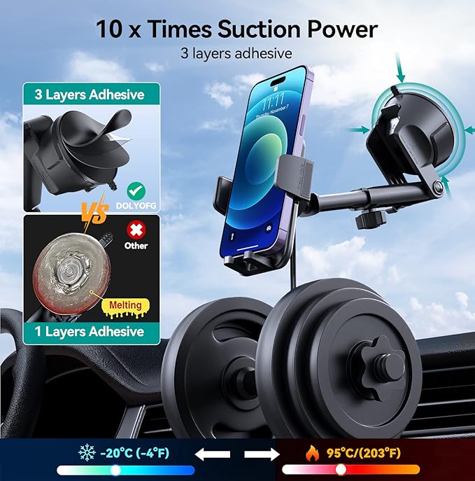 DOLYOFG Car Phone Holder Mount, [Military-Grade Suction & Super Sturdy Base] 3 in 1 Universal Phone Mount for Car Dashboard Windshield Air Vent Dash Pad Car Mount for iPhone Android Smartphone