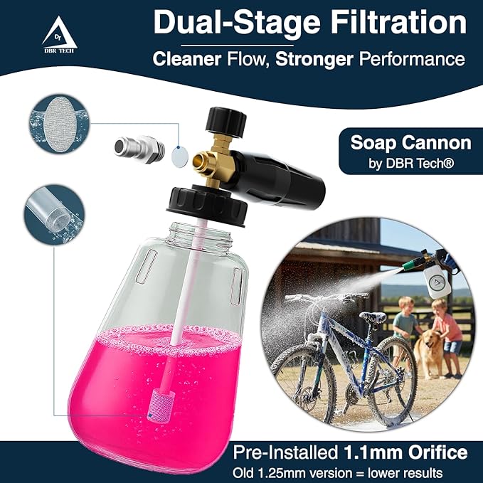 DBR Tech® Foam Cannon for Pressure Washer | Pro-Grade, 1.1mm Orifice, 1000-4000 PSI, Black