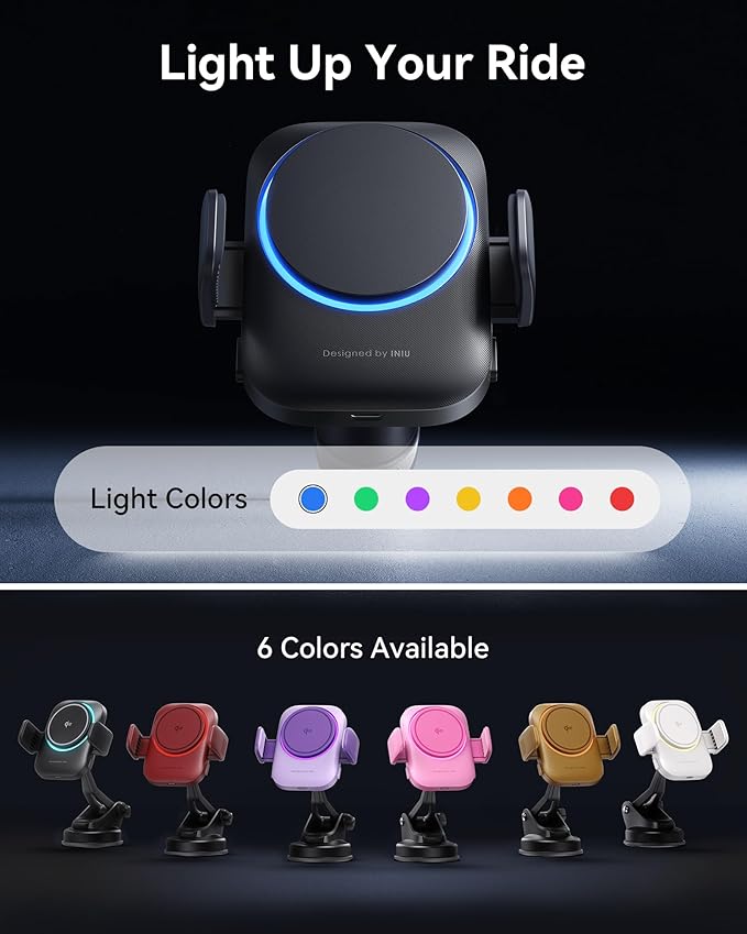 INIU Qi2 Certified 15W Car Phone Holder Wireless Charger, Ultra-Stable 22N for MagSafe Car Mount Charger with Cooling Fins & RGB Lighting Only for iPhone 16/15/14/13/12 Series, Purple