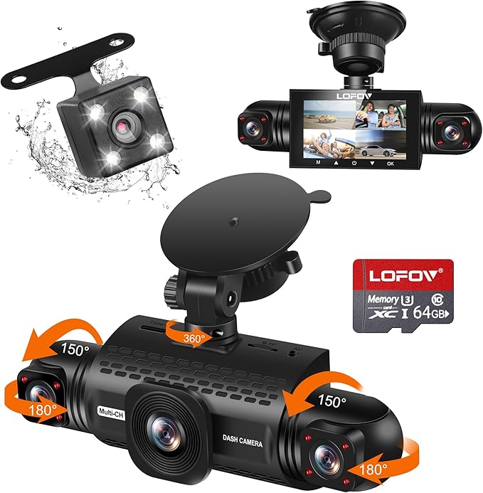 360° 4 Channel Dash Cam Front and Rear Inside Left Right, LOFOV Dash Camera for Cars FHD 4 * 1080P, Free 64GB Card Black Box Trafflc Recorder, G-Sensor, Night Vision,24H Parking Mode