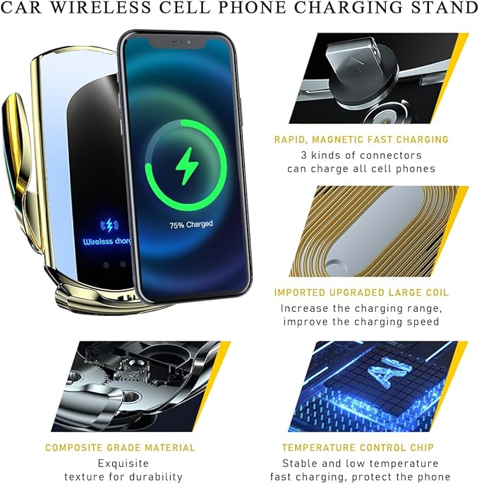 Ohleats Wireless Car Charger Mount, 15W Automotive Electric Wireless Charger Holder, Car Air Vent Mount Bracket Fast Charging for Most Smartphone, Universal Car Accessories (Golden)
