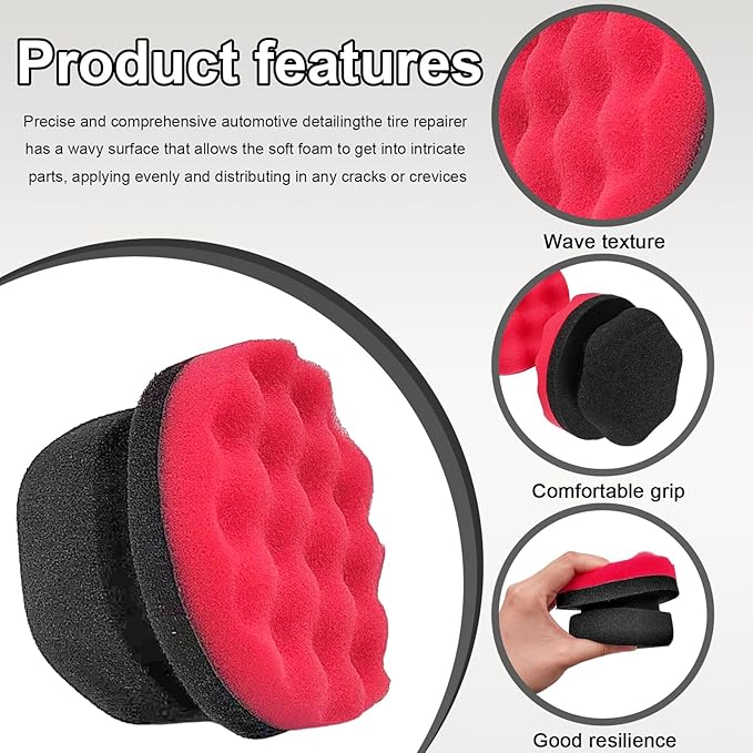 Wevdn 2PCS Tire Shine Applicator, Durable & Reusable Hex Grip Tire Dressing Sponge Foam Detailing Pad, Washable Round Shape Wheel Tire Shine Car Cleaning Sponge, Car Accessories (Red-Large)