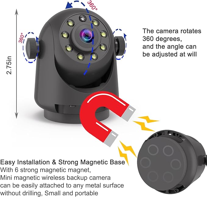 YEOIZO Wireless Magnetic Backup Camera for Trailers/RV/Camper - WiFi Rechargeable HD Night Vision, No Wiring/Drilling, Easy Hitch Alignment, Compatible with iPhone/Android/iPad (Gooseneck/Fifth Wheel)
