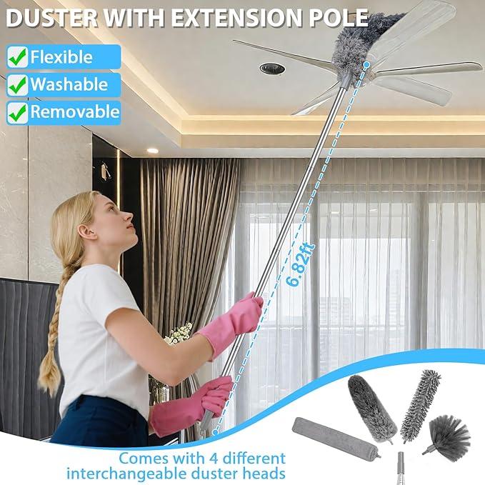 THINKWORK Microfiber Feather Duster for Car Cleaning, Car Interior Detailing Kit with High Handheld Power Vacuum Cordless, Ceiling & Fan Duster for Home Cleaning