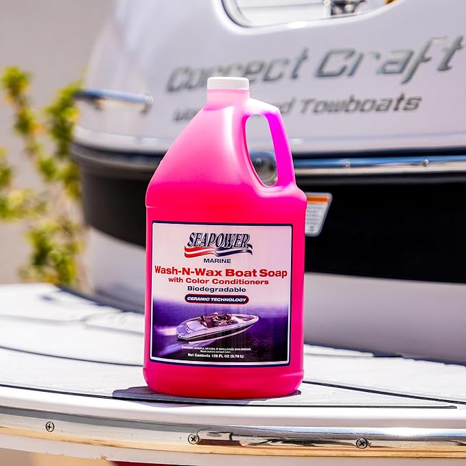 Marine Seapower Wash-N-Wax Boat Soap - Highly Concentrated Carnauba Wax - Ceramic Formulation - Delivers a Deep Clean & Glossy Protected Finish - pH Neutral Formula - Cherry Scent, 1 Gallon (128 oz)