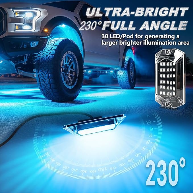 6Pods Full Angle RGB LED Rock Lights Full Kit for UTV ATV RZR SXS Can-Am Four Wheeler Quad Side by Side Offroad Golf Cart with APP/RF Remote,Waterproof Multicolor Underglow Light 180Chip Dual Zone 12V