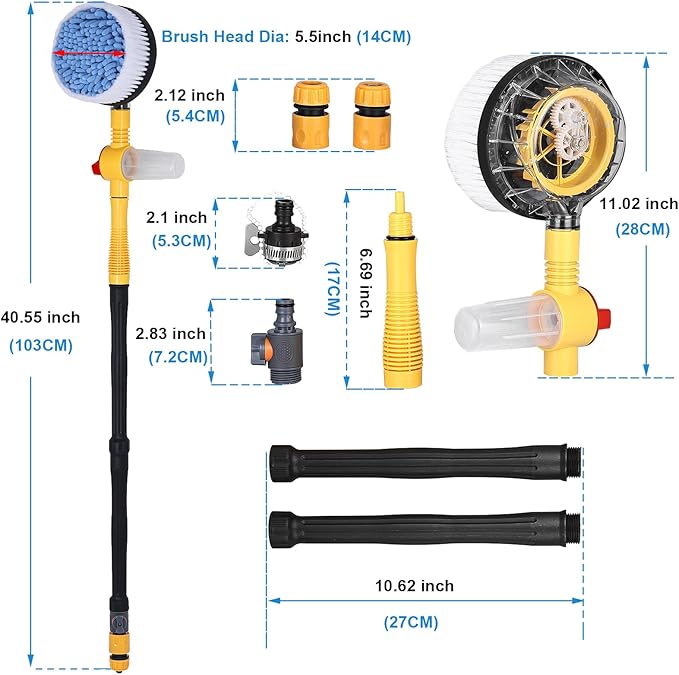 Toolly Car Wash Brush Cleaning Kit, 360° Spin Car Mop, Microfiber Rotating Car Cleaning Brush, Detachable & Extendable Scrub Brush, Garden Hose Spray Nozzle Spray Gun for Cars, Yards, Garden, Pets