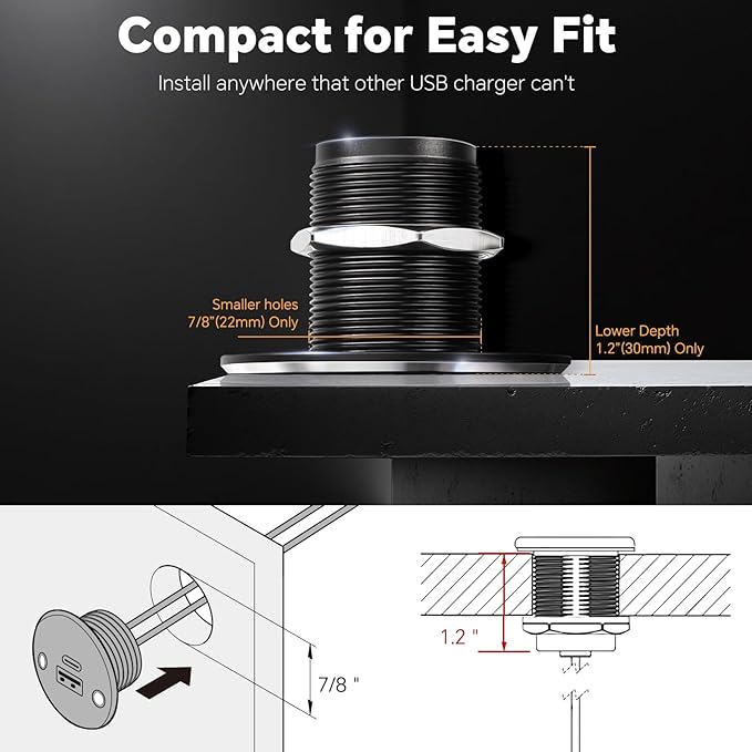 12V USB Outlet All-Aluminum QC 3.0 USB-A & USB-C PD3.0 Dual High-Speed Charger Socket, Recessed Mount Type-A Type-C Port for Camper Van Trailer RV Boat Truck (Big Version*2)