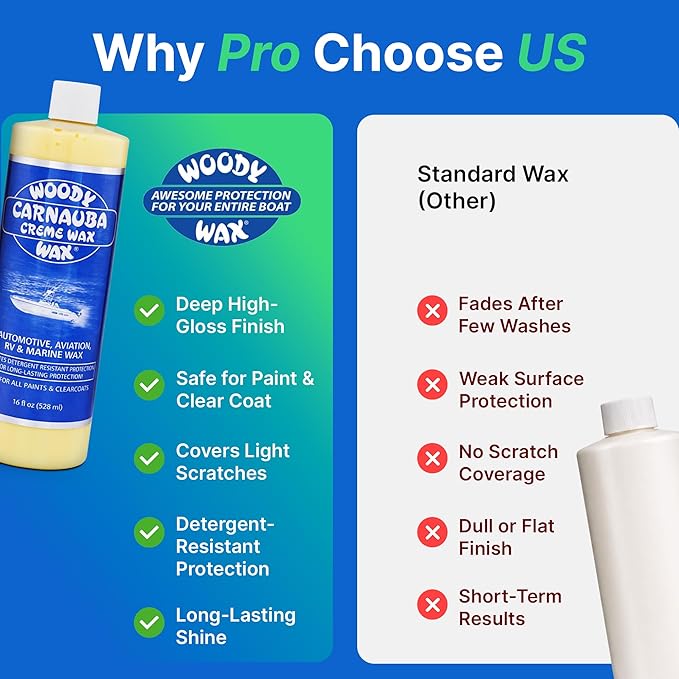 Woody Wax Carnauba Creme Wax, Professional High-Gloss Marine, RV & Aviation Wax, UV Protection for Paint & Clear Coat, Detergent Resistant Polymers, Covers Light Scratches and Removes Oxidation, 16 oz