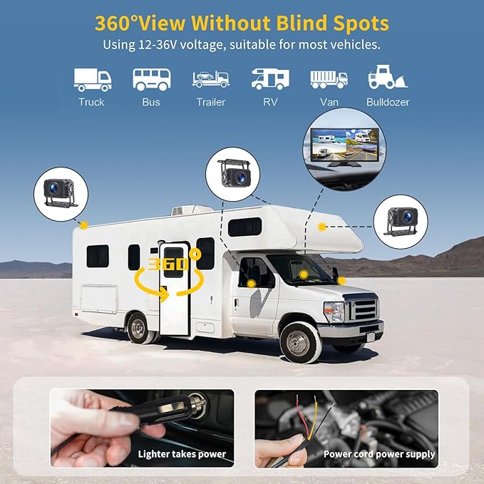 Semi Truck Camera System with Apple Carplay & Andriod Auto,Dash Cam for Semi Truck with 4-Channel 1080P RV Camera System,10.36" IPS Touchscreen, 360° All-Round Recording, 24H Parking Monitoring