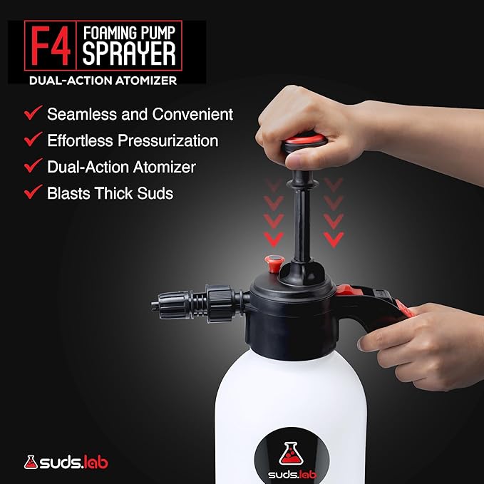 Suds Lab F4 Foaming Pump Sprayer with 70 oz UV Resistant Canister & Ergonomic Handle – Handheld Dual-Action Atomizer Car Foam Sprayer for Detailing, Garden & Home Use