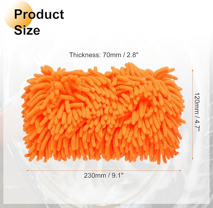 HARFINGTON Car Wash Sponge 9.1" x 4.7" Chenille Microfiber Mitt Scratch-Free Absorbent Scour Scrubber Cleaning Sponge for Washing Detailing on Cars, Trucks, SUV, Boats, RVs, Orange