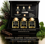 Sugar Pine & Patchouli Car Air Freshener Set of 3 (10 ml Each), Hanging Diffuser Bottles with Wooden Cap, Woodsy Earthy Fragrance for Car, Home & Office, Magnetic Gift Box