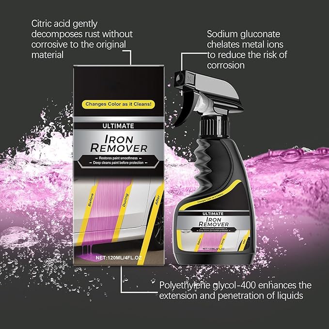 Iron Stain Cleaner, 120ml Professional Car Scratch Remover, Rust Protection Iron Dissolver, Rapid Removal of Surfaces Contaminants, for All Vehicle Paint Headlights Wheel Engine Chrome